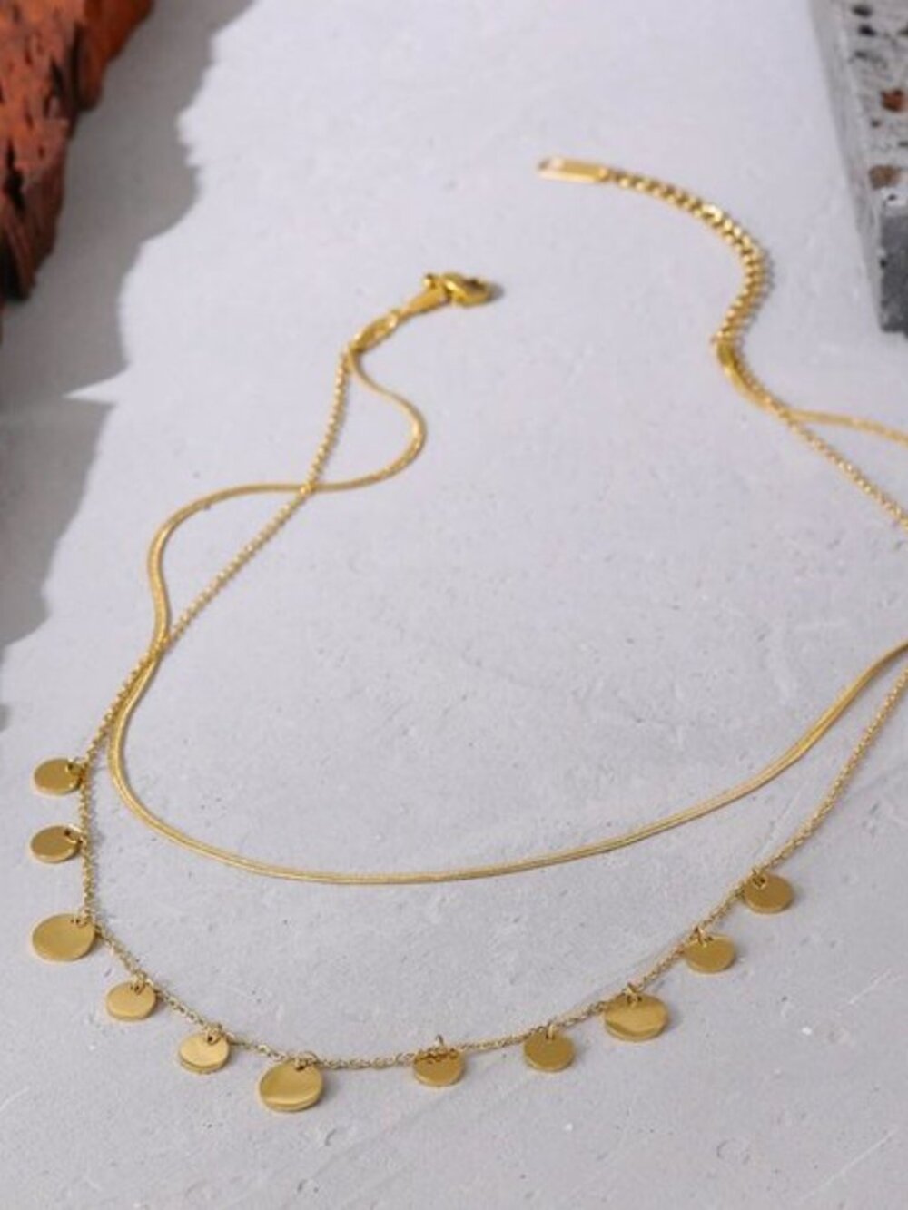 New 18K Gold Plated Coin Drop Double Layer Herringbone Necklace - Picture 5 of 7